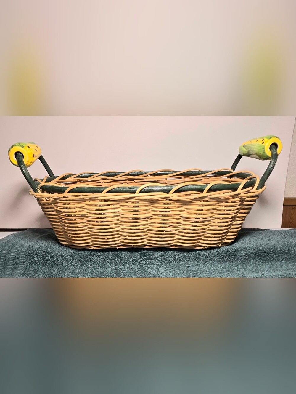 Vintage Wicker Harvest Basket Ceramic Corn Handles 16" Farmhouse Bread Fruit